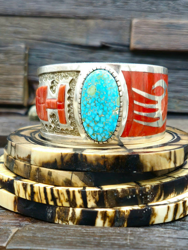 Turquoise and Coral Sterling Silver Cuff by Michael Perry - 7 in