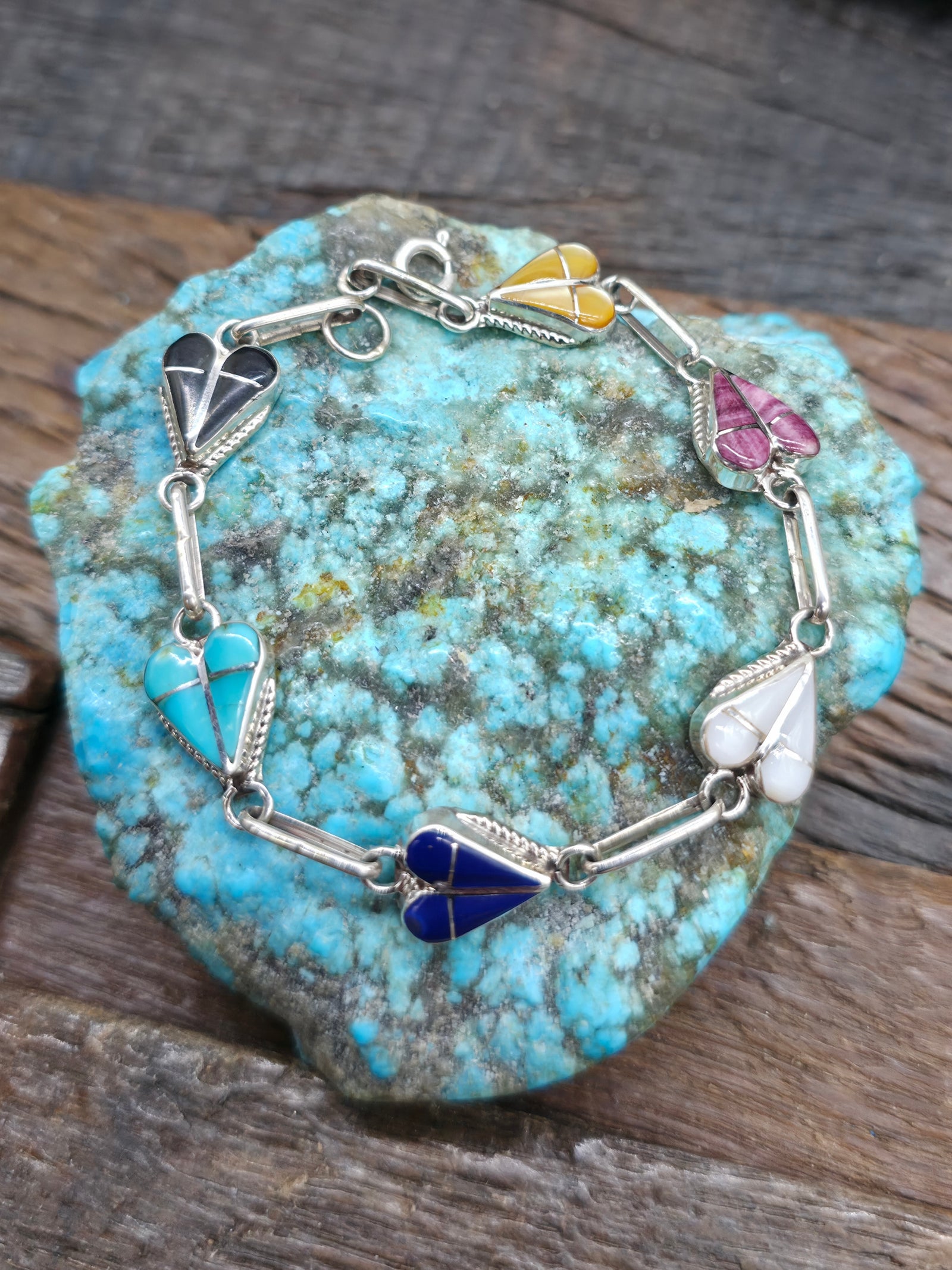 Sterling Silver Multi Stone Heart Inlay Bracelet by Valda Natacio - 7 in.