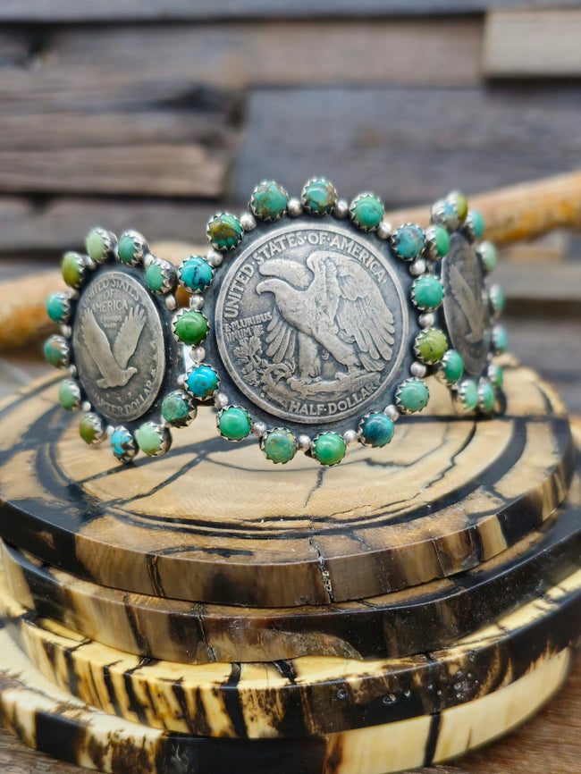 Eagle Quarter and Half Dollar Coins Green Turquoise Cuff by L. Archuleta - 7 in.