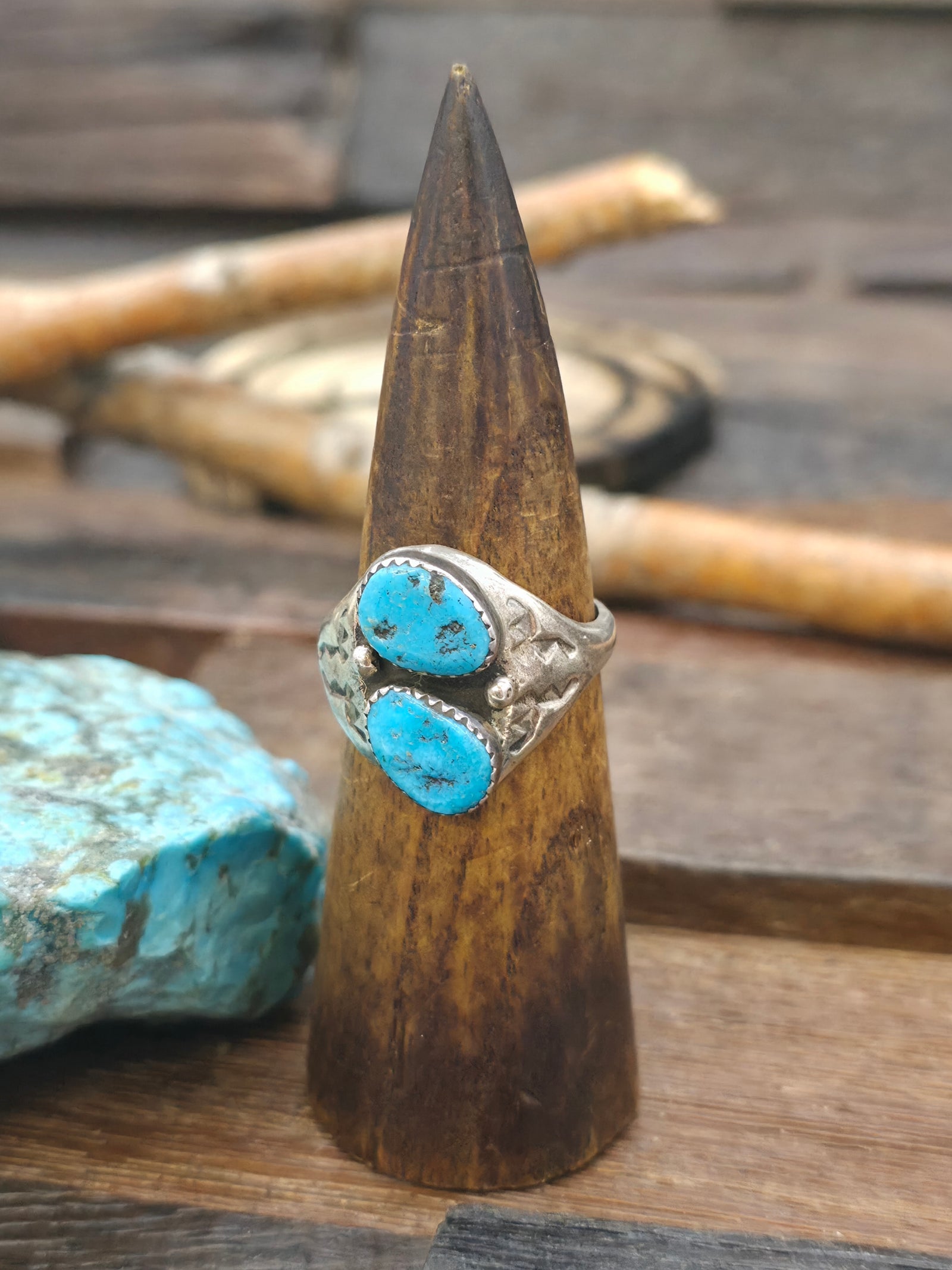 Two Stone Stamped Sterling Silver Turquoise Ring - Size 13