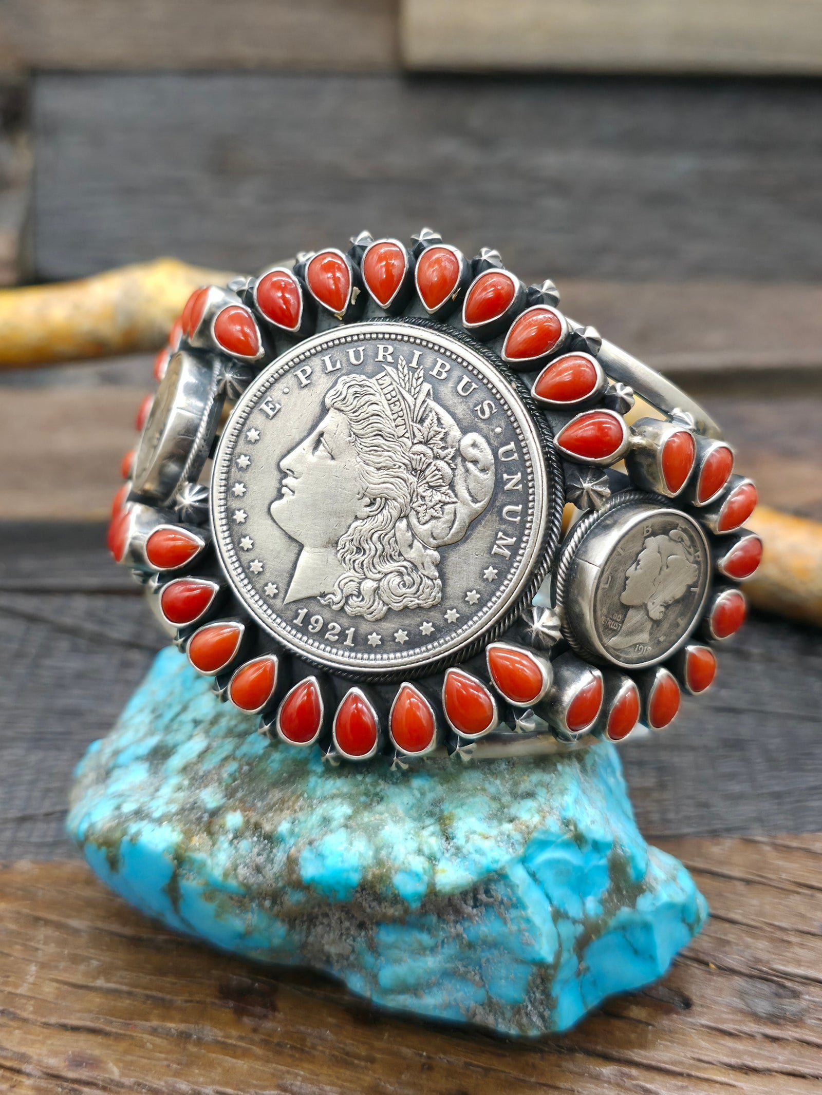 Liberty Dollar and Mercury Dime Coin Silver Cuff with Coral by Mark Yazzie - 7 in. w/Gap