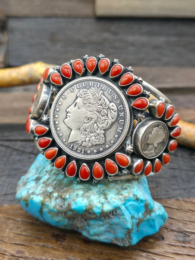 Liberty Dollar and Mercury Dime Coin Silver Cuff with Coral by Mark Yazzie - 7 in. w/Gap