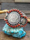 Liberty Dollar and Mercury Dime Coin Silver Cuff with Coral by Mark Yazzie - 7 in. w/Gap
