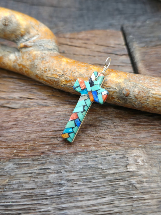 Extra Small Mosaic Inlay Blue Turquoise Cross Pendant by Joe Reano