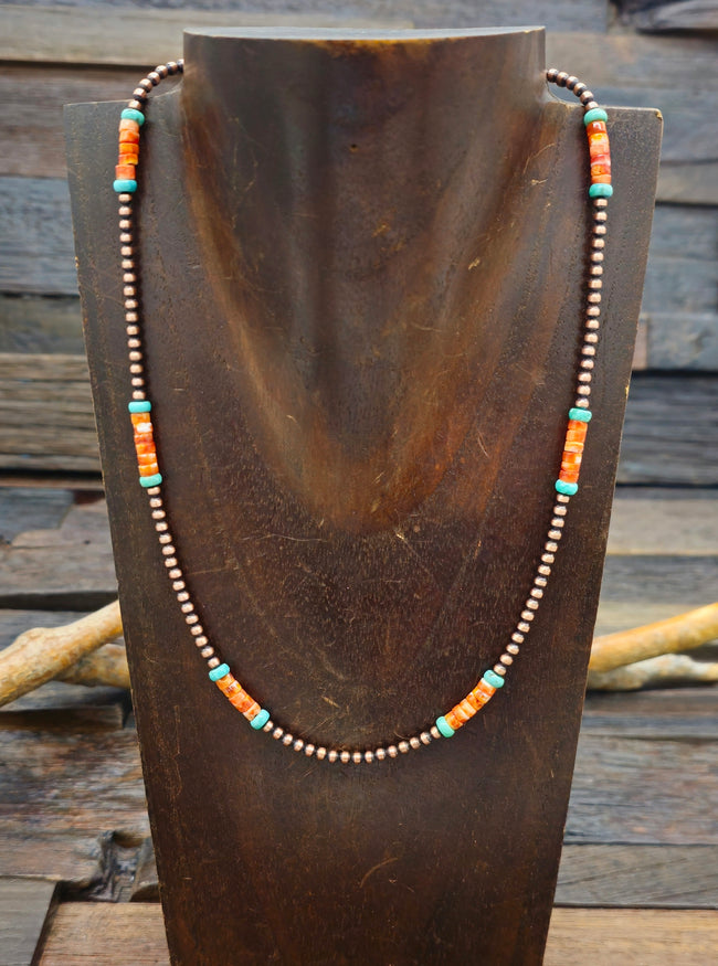 Copper, Turquoise, and Spiny Oyster Bead Necklace - 20 in.