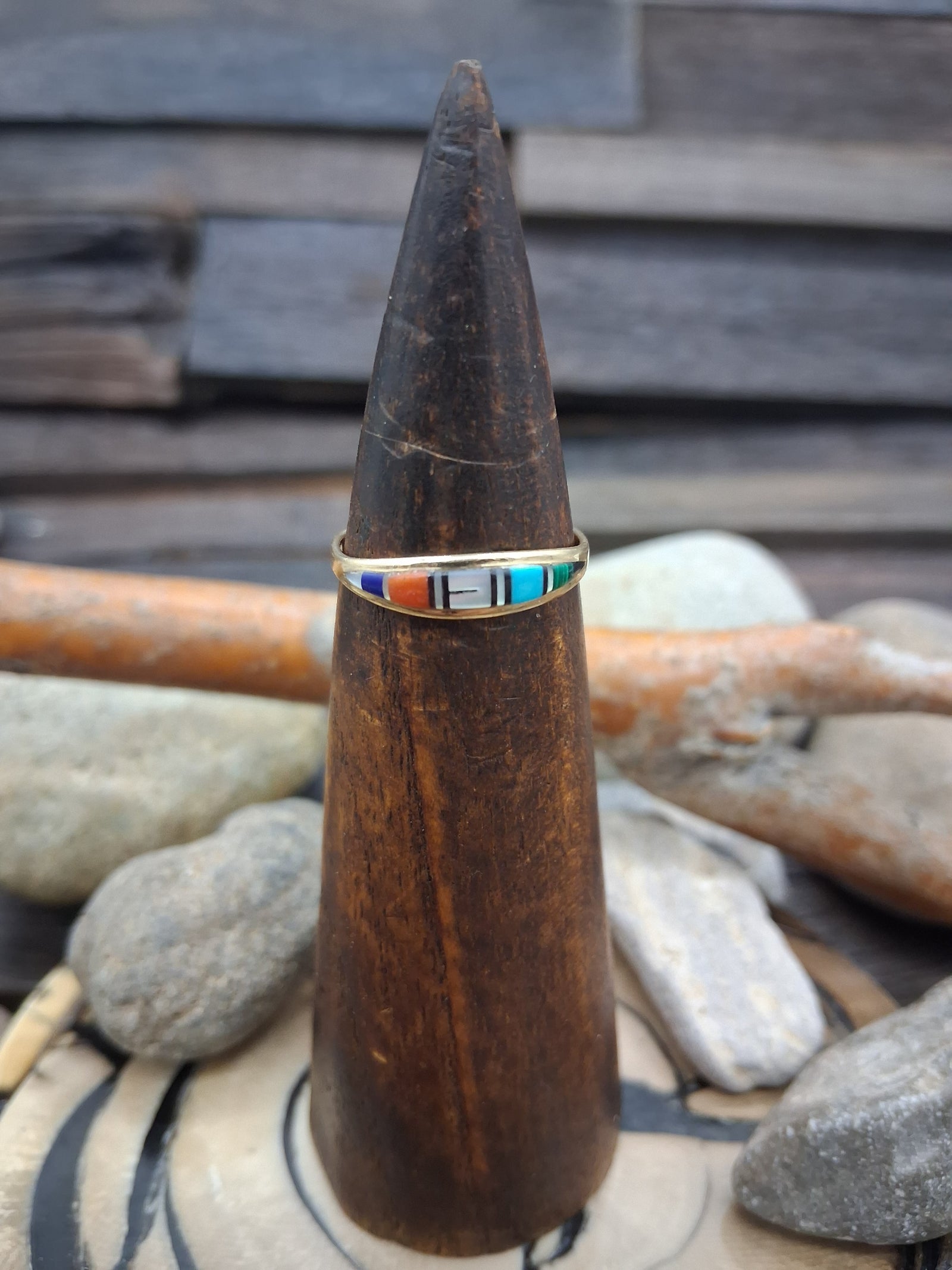 14 KT Gold Inlay Lapis Lazuli Mother of Pearl Malachite Coral Turquoise Band Ring Size 7 1/2