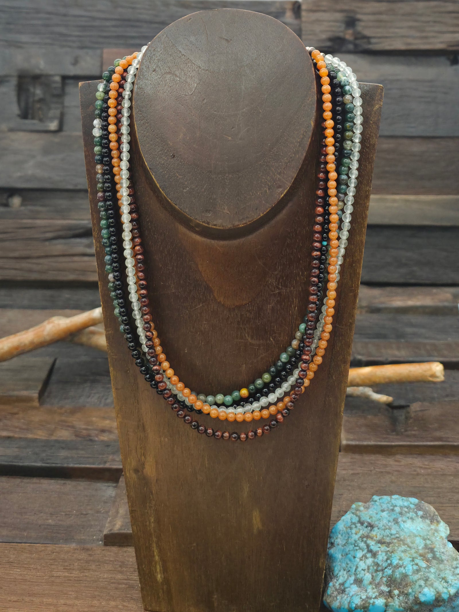 Five Strand Jasper Onyx, Tiger's Eye, Carnelian Necklace by Fred Archuleta - 18 in.