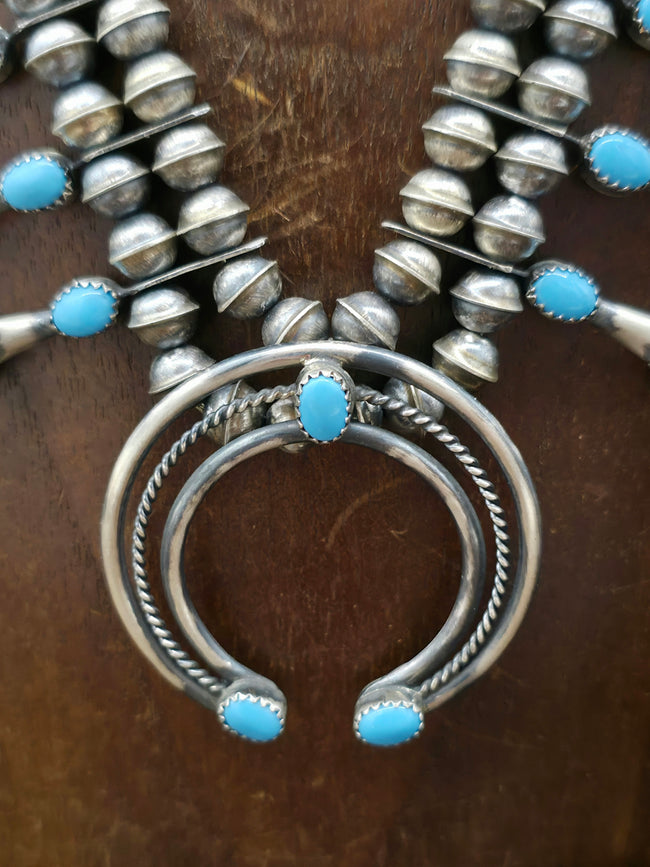 Sterling Silver Turquoise Squash Blossom Necklace and Earring Set by Marie Kirlie - 18 in.