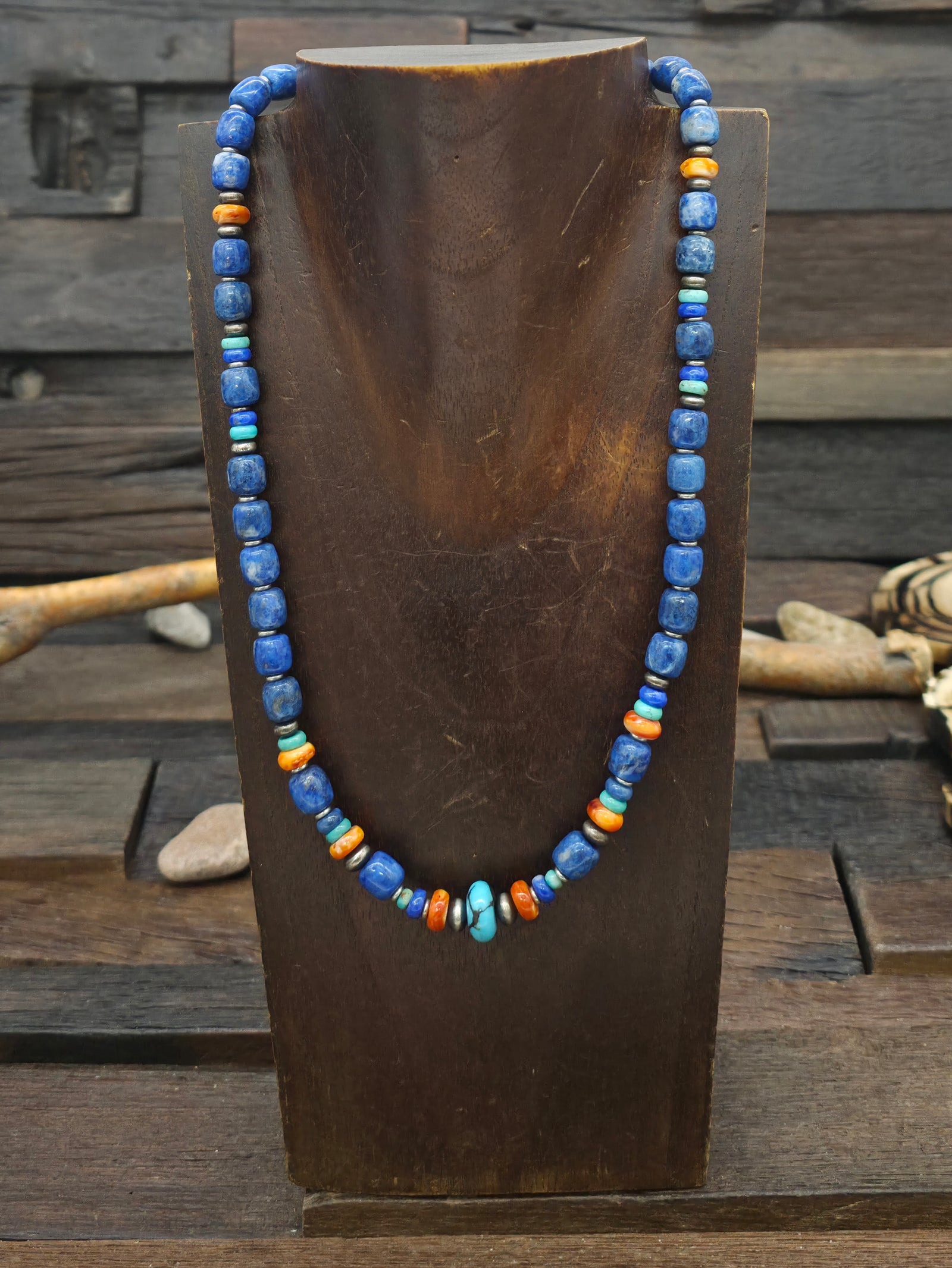 Lapis, Sterling Silver, Turquoise, and Spiny Bead Necklace by Mary Salazar - 20 in.