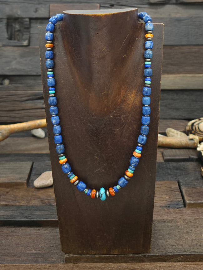 Lapis, Sterling Silver, Turquoise, and Spiny Bead Necklace by Mary Salazar - 20 in.