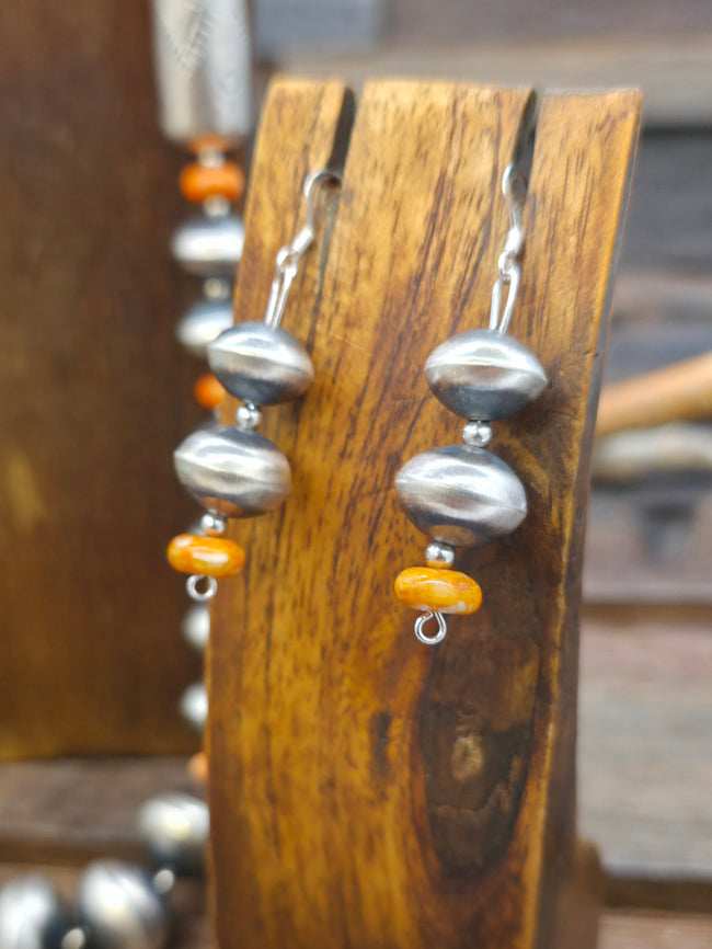 Stamped Sterling Silver and Spiny Oyster Bead Necklace and Earring Set by Sharon Cooley - 30 in.