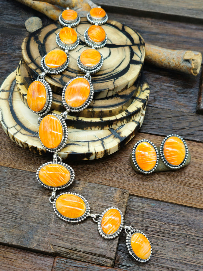 Orange Spiny Oyster Sterling Silver Lariat and Earrings Set by Darrin Livingston - 28 in