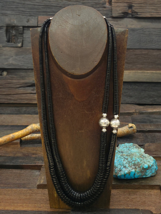 Two Strand Graduated Jet Heishi Necklace with Sterling Silver Beads by Angie Crespin - 24 in. plus 3 in. Extender