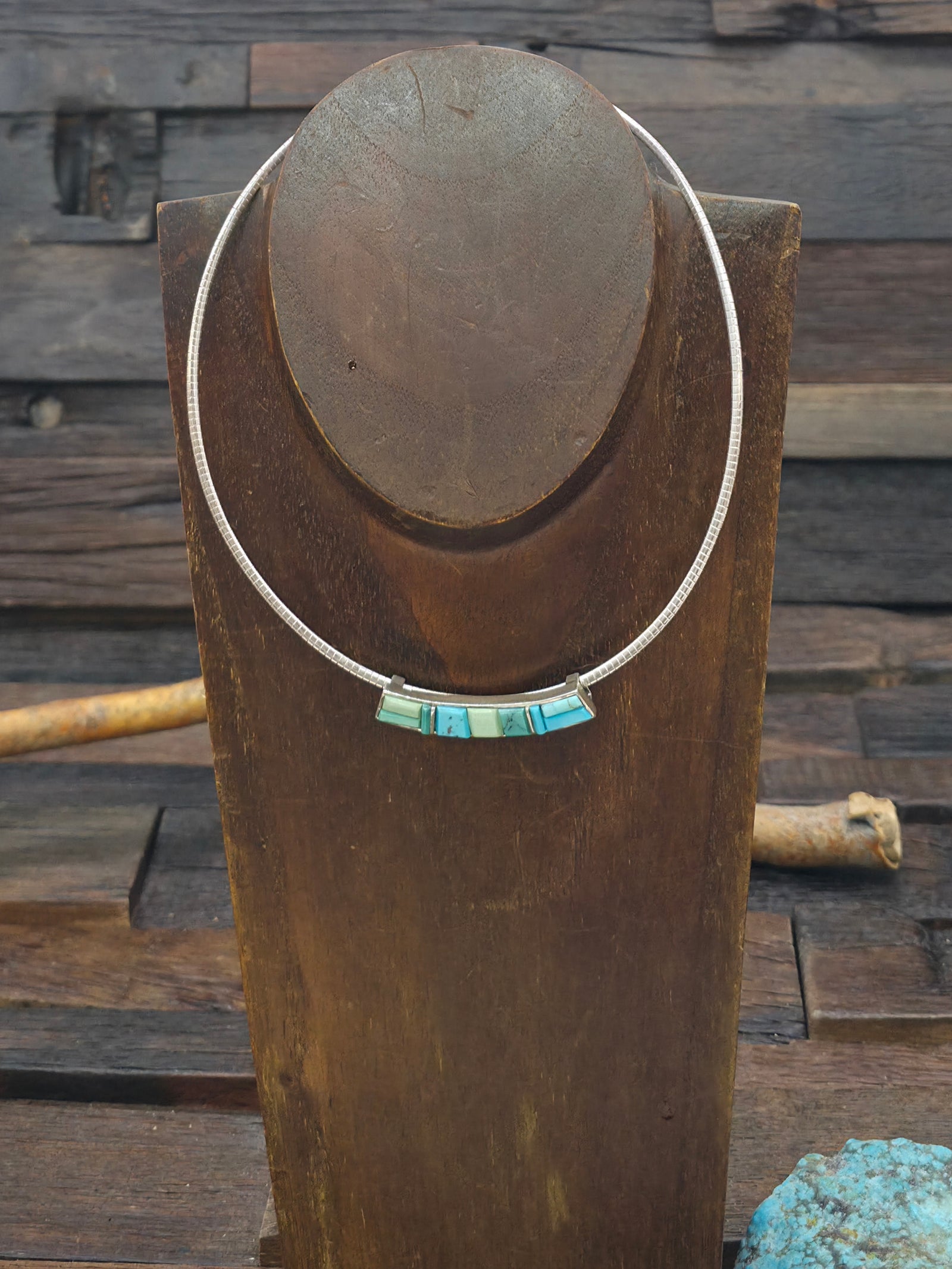 Sterling Silver and Turquoise Cobblestone Inlay Choker Necklace - 15 in.