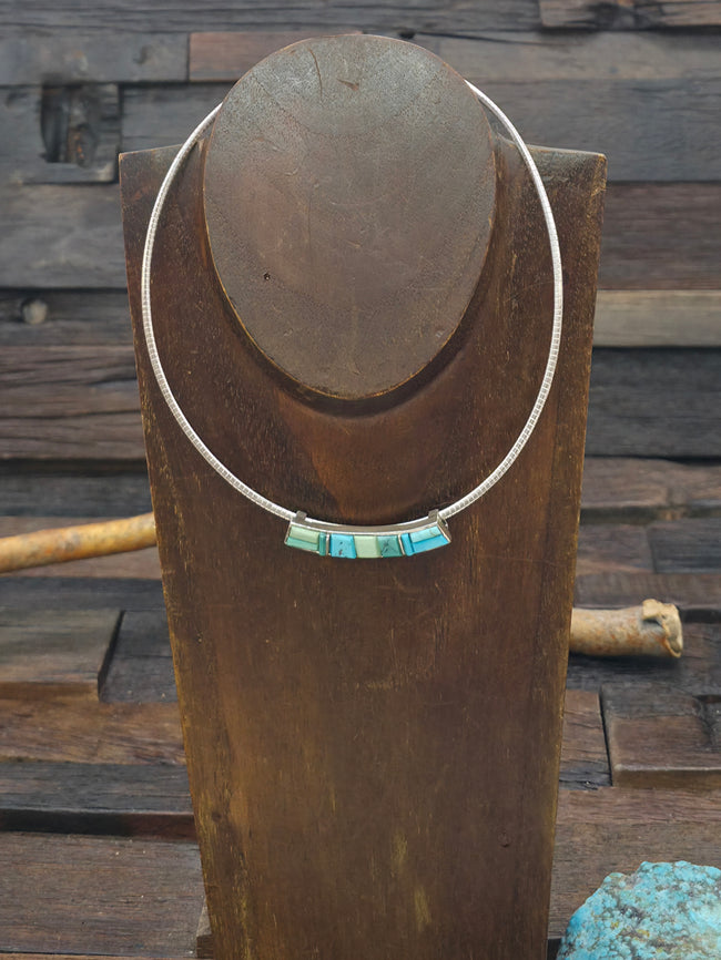 Sterling Silver and Turquoise Cobblestone Inlay Choker Necklace - 15 in.