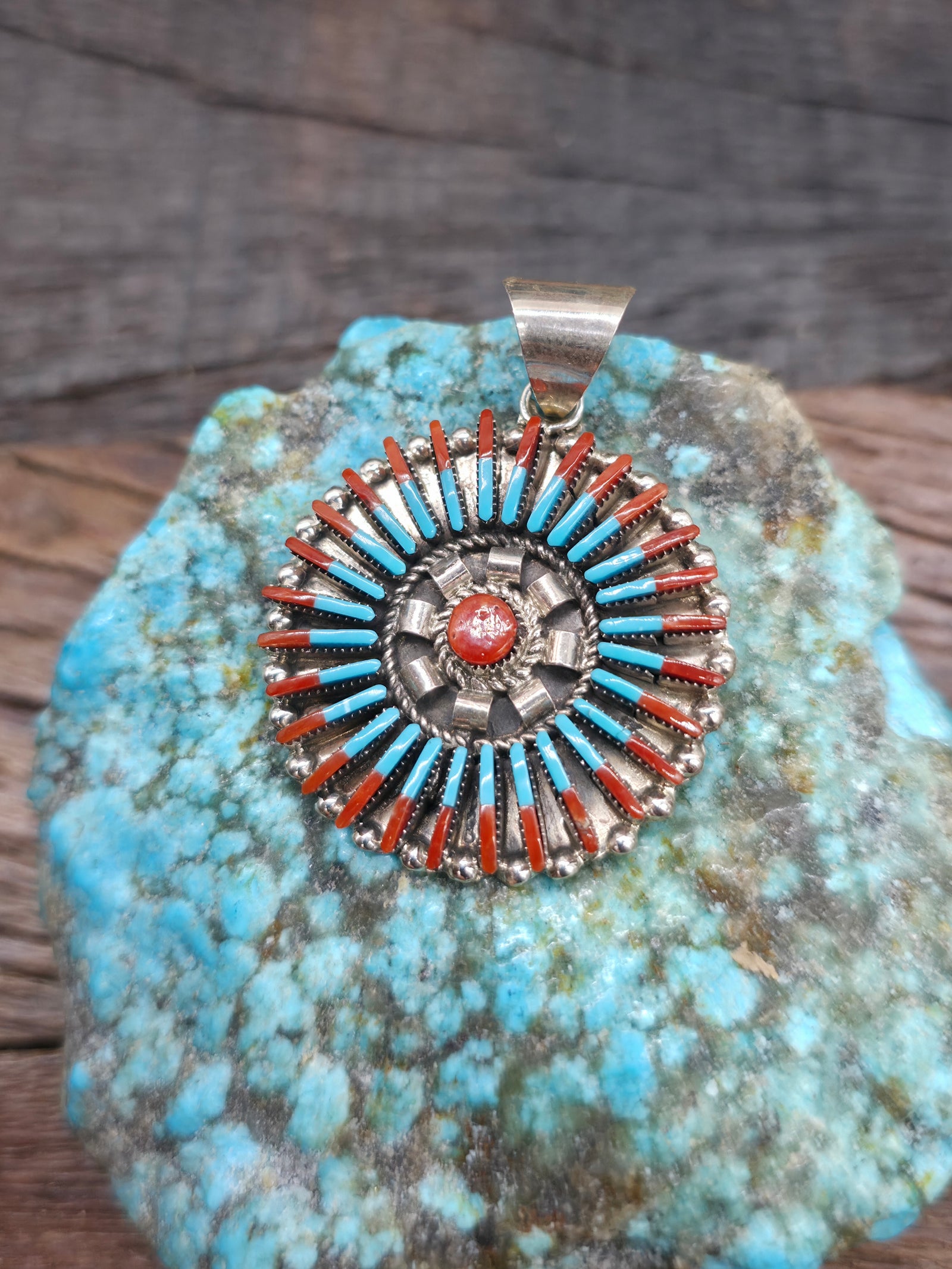 Sterling Silver Turquoise and Coral Round Needlepoint Pendant - 1 3/4 in. by 1 1/4 in.
