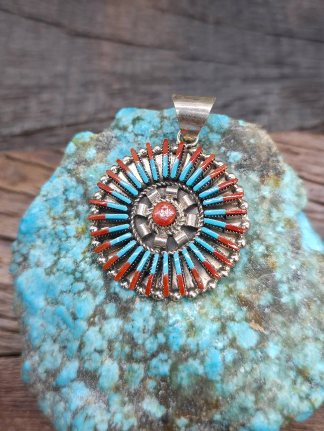 Sterling Silver Turquoise and Coral Round Needlepoint Pendant - 1 3/4 in. by 1 1/4 in.
