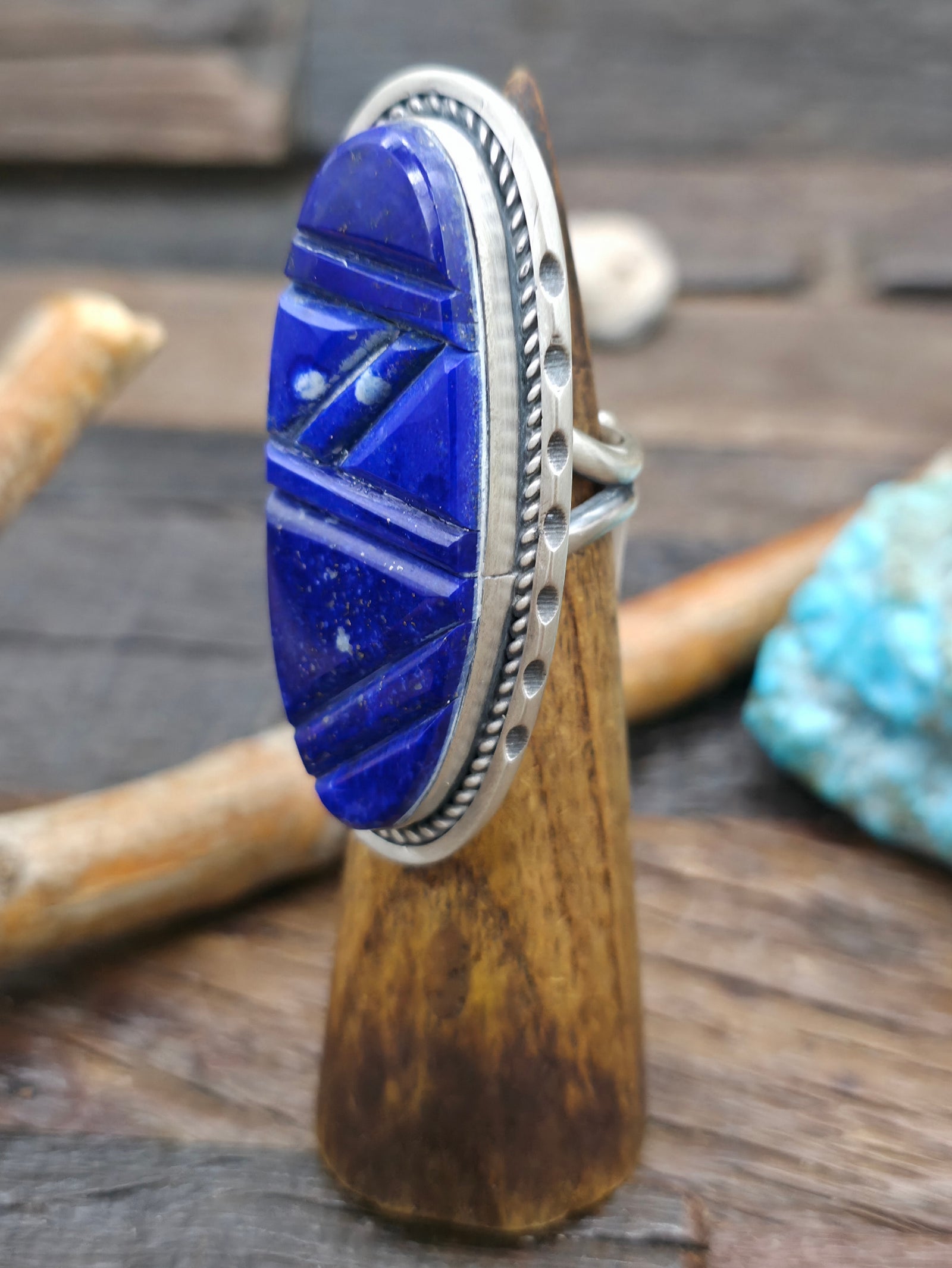 Sterling Silver Lapis Cobblestone Inlay Statement Ring by Walter Vandever - Adjustable