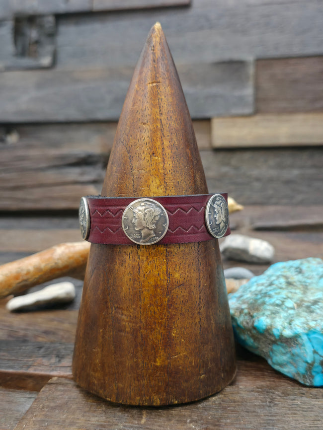 Mercury Dime Red Leather Snap Bracelet - 8 in.