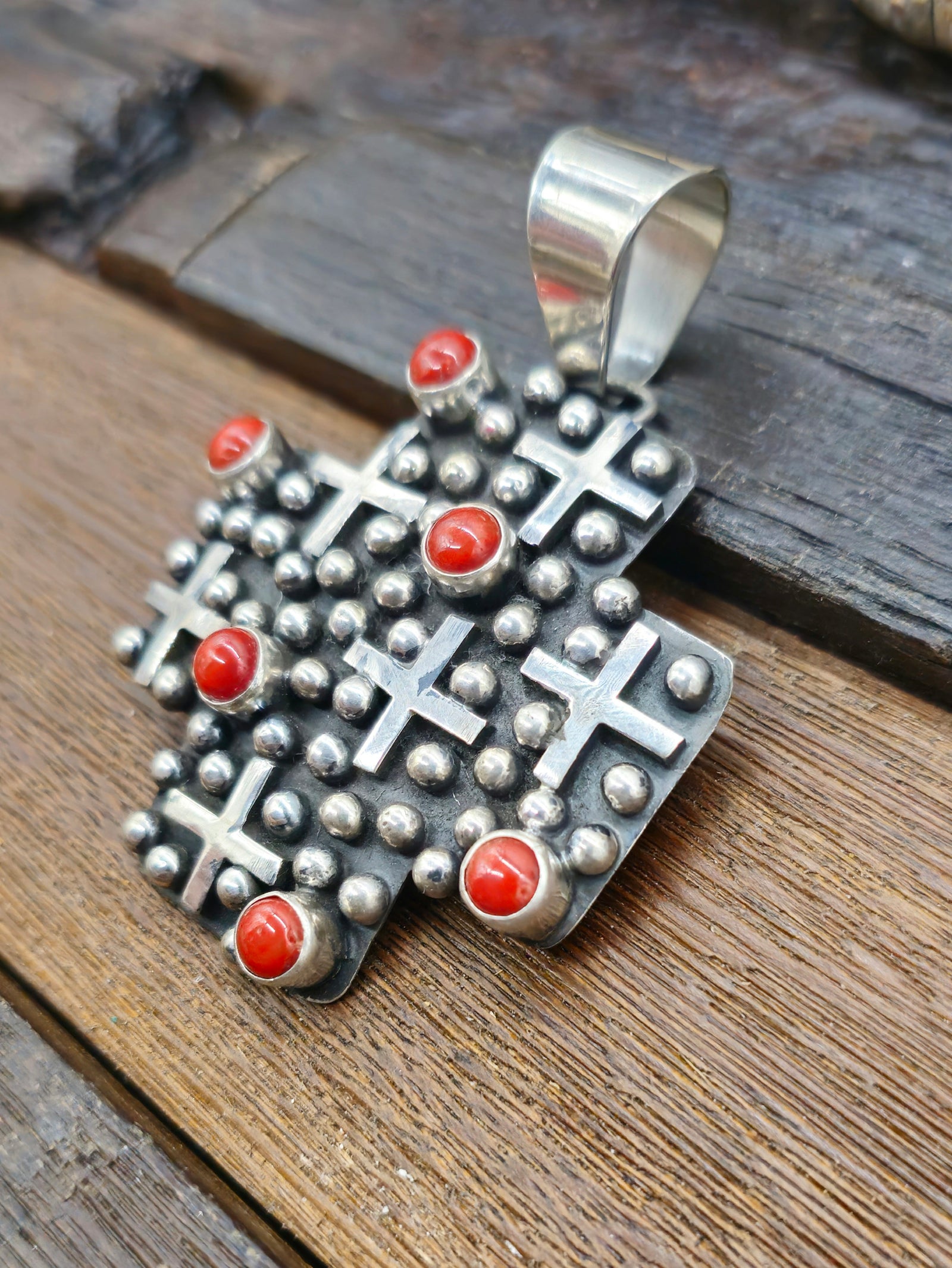 Cross-Shaped Sterling Silver Raindrop and Coral Pendant by Geneva Apachito
