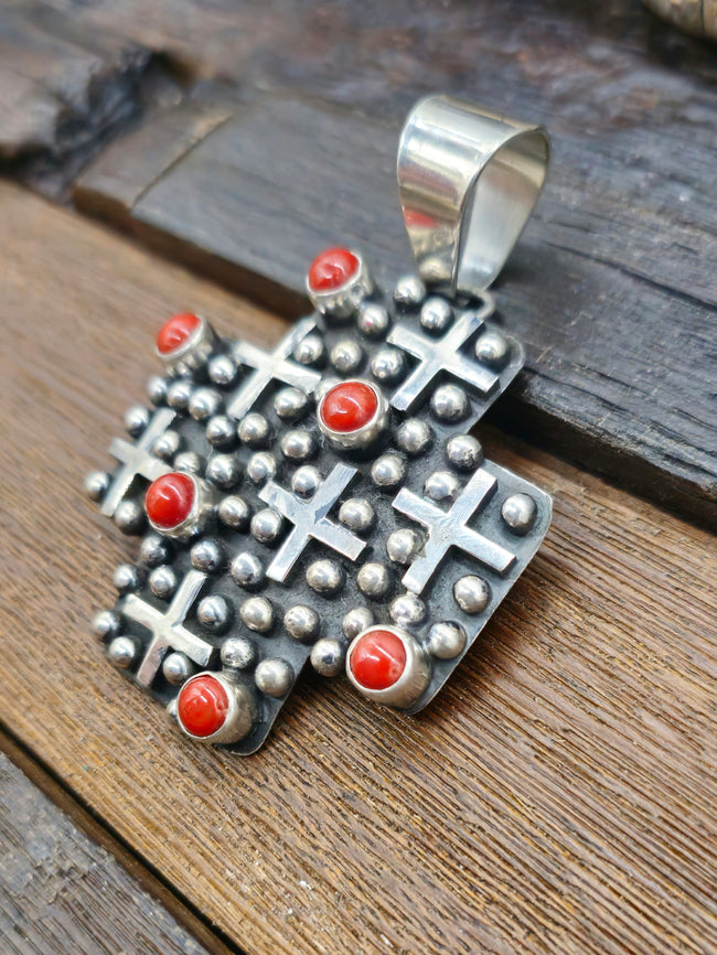 Cross-Shaped Sterling Silver Raindrop and Coral Pendant by Geneva Apachito