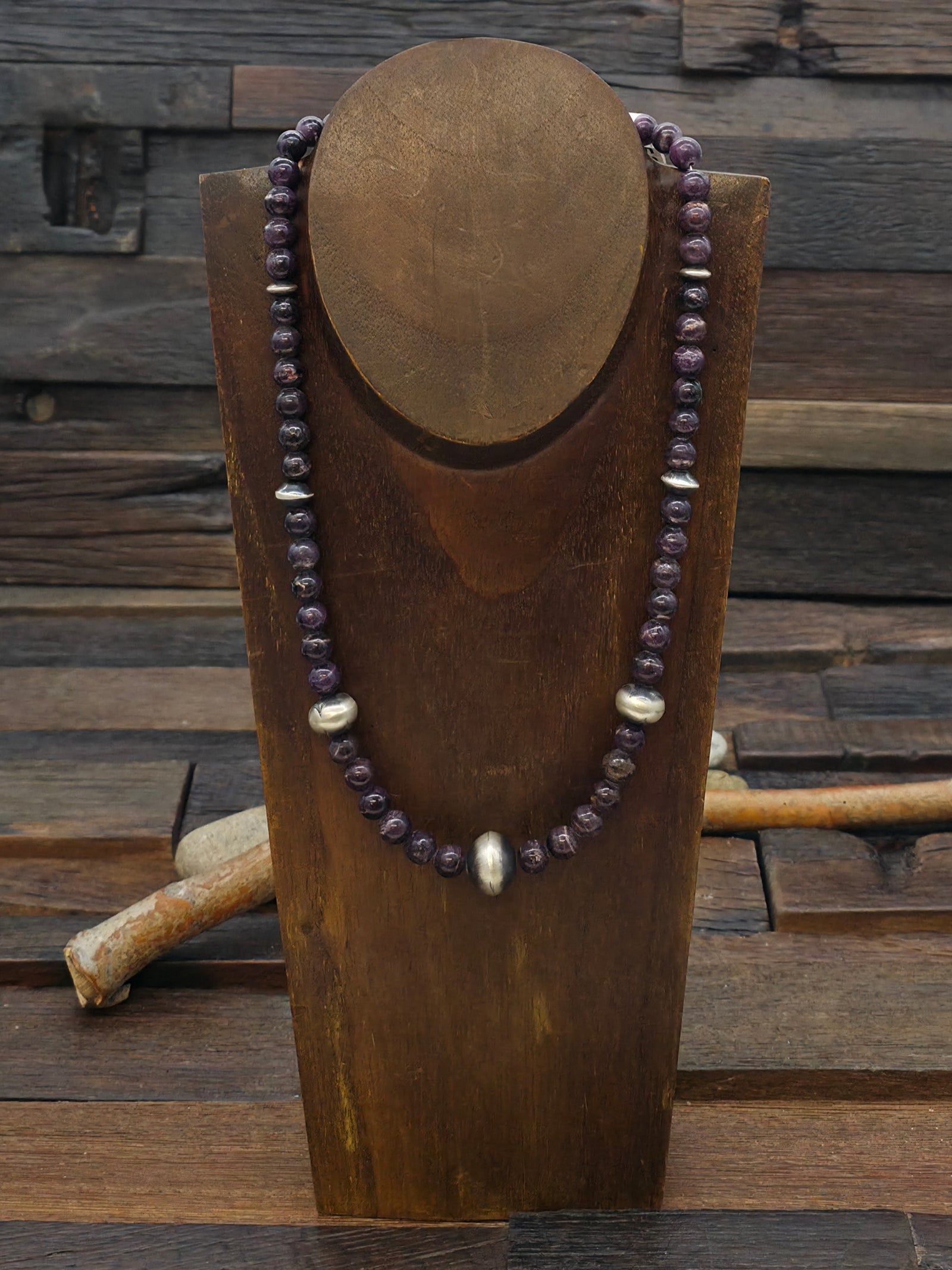 Sugilite and Oxidized Sterling Silver Bead Necklace - 20 in.