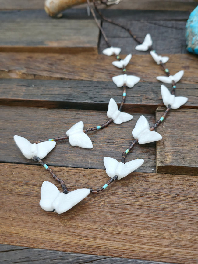 White Butterfly Zuni Fetish Necklace by Larry Cisco - 30 in.