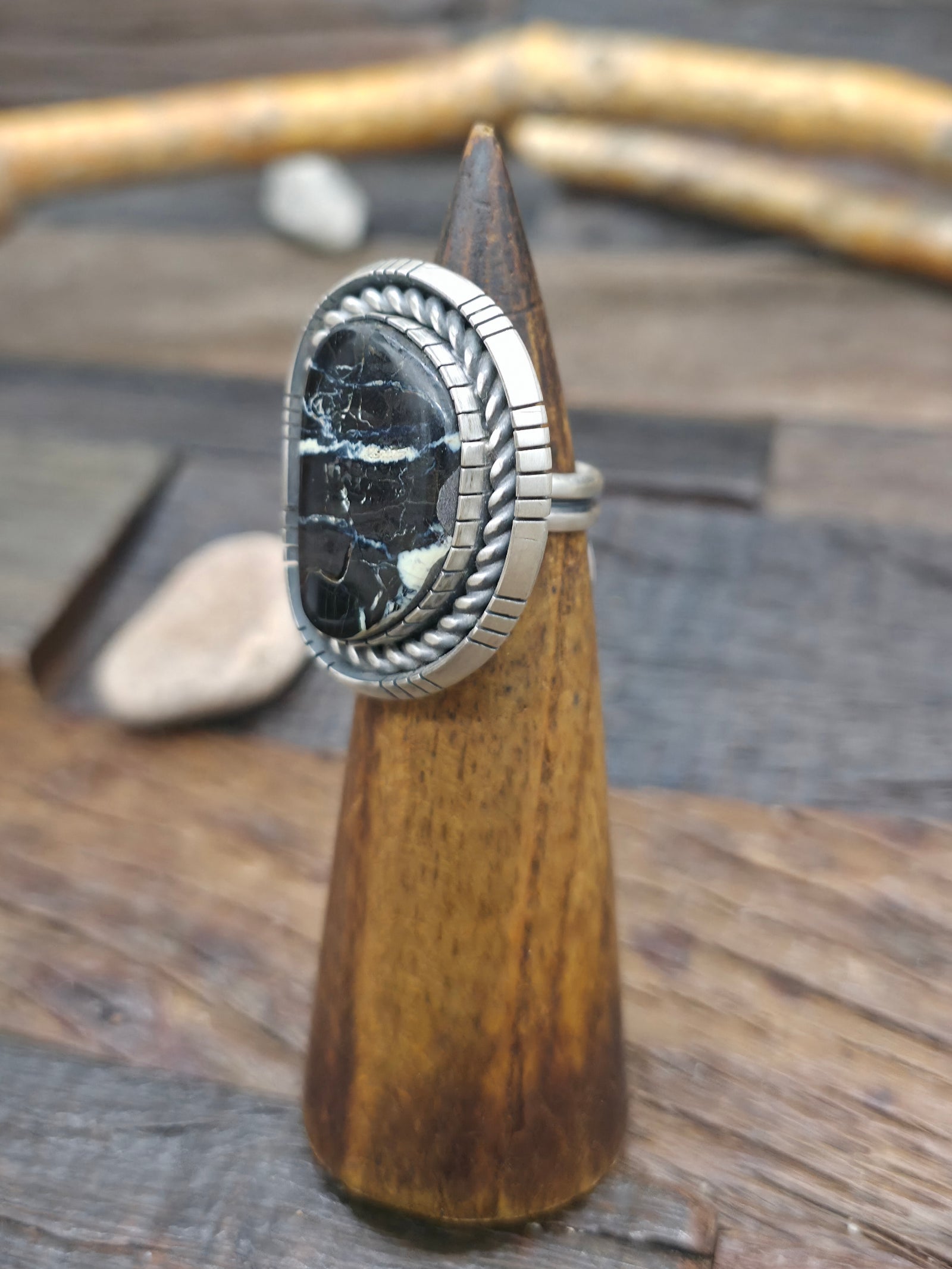 Sterling Silver and Blackjack Turquoise Ring by Walter Vandever - Adjustable