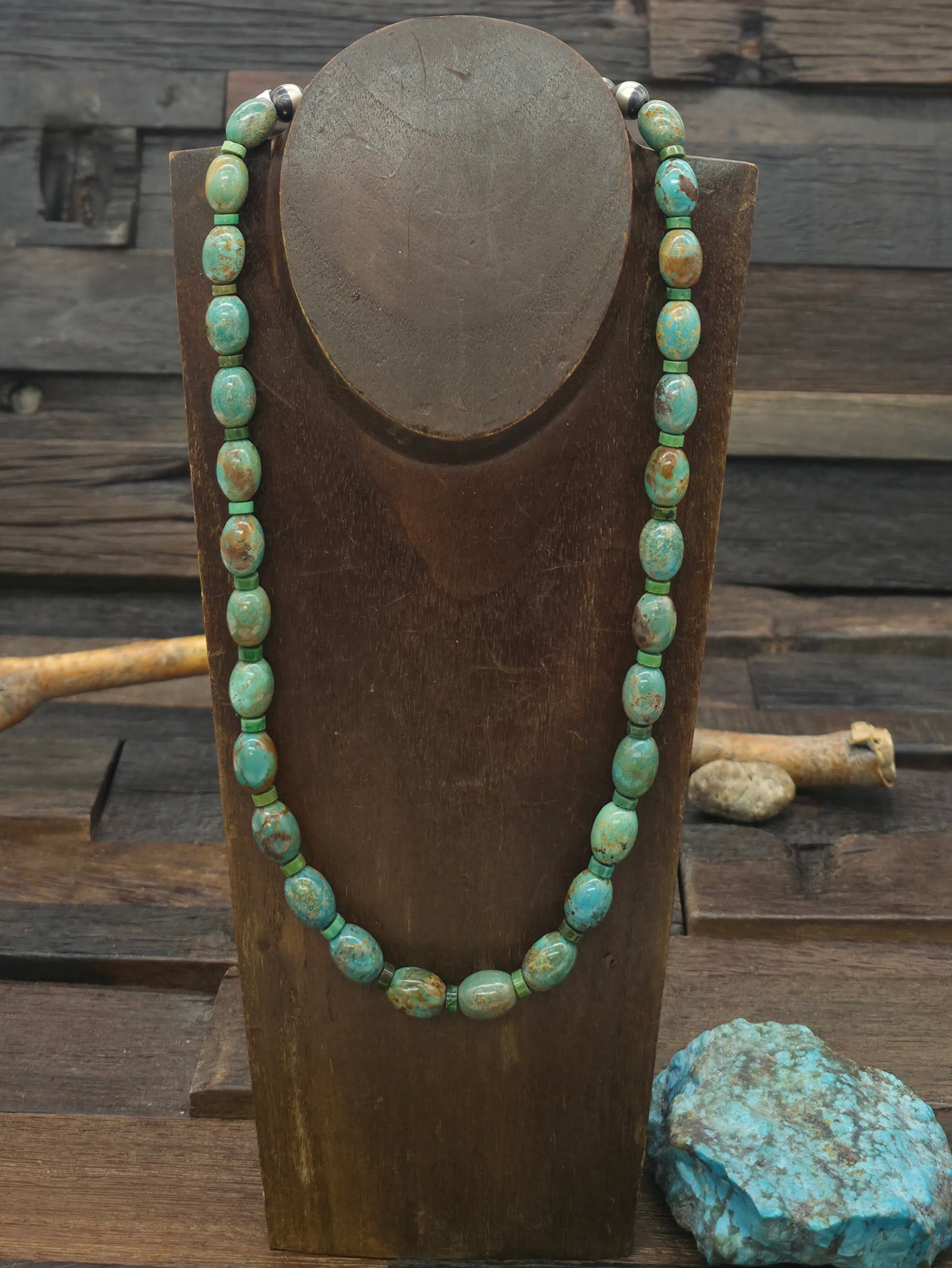 Green Skyhorse Turquoise Barrel Bead Necklace by Fred Archuleta - 22 in.