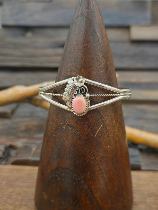 Sterling Silver Cuff with Pink Conch and Leaf Applique by Renee Yazzie - 6 1/2 in.
