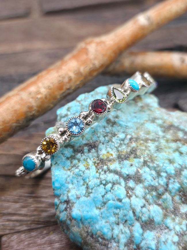 Sterling Silver Turquoise and Faceted Multi Stone Bracelet by Sheena Jack - 6 3/4 in. with Gap