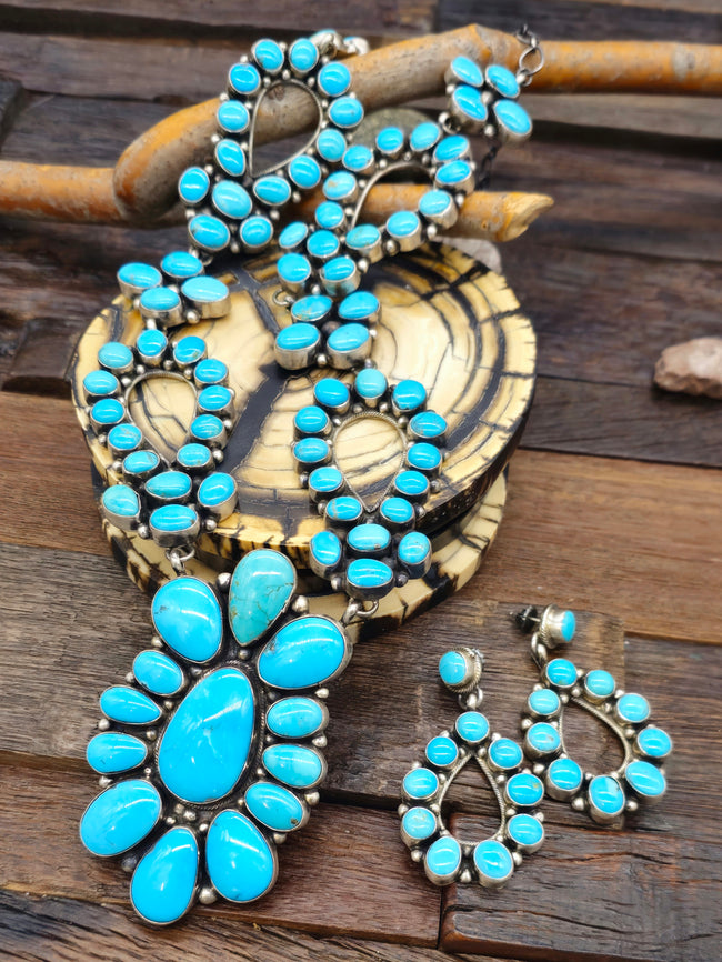 Sterling Silver Kingman Turquoise Cluster Necklace and Earring Set by Shelia Becenti - 30 in.