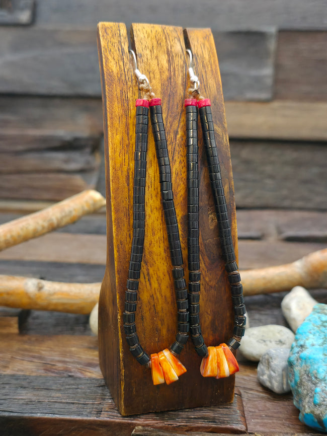 Long Jet and Spiny Oyster Heishi Earrings by Robert Coriz