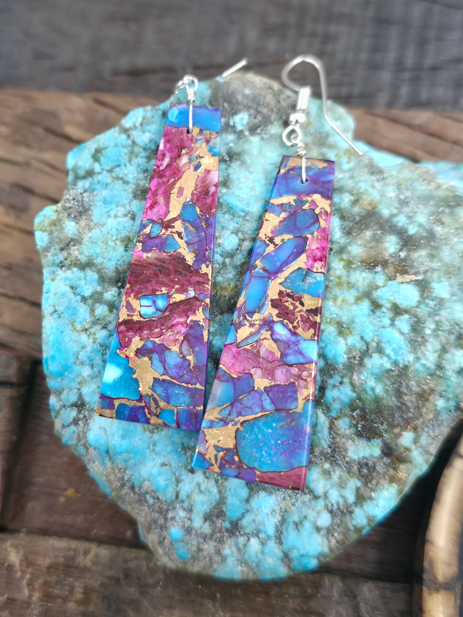 Purple Mojave, Spiny, and Turquoise Composite Slab Earrings by Jameson Pete - 2 3/4 in. by 1/2 in.