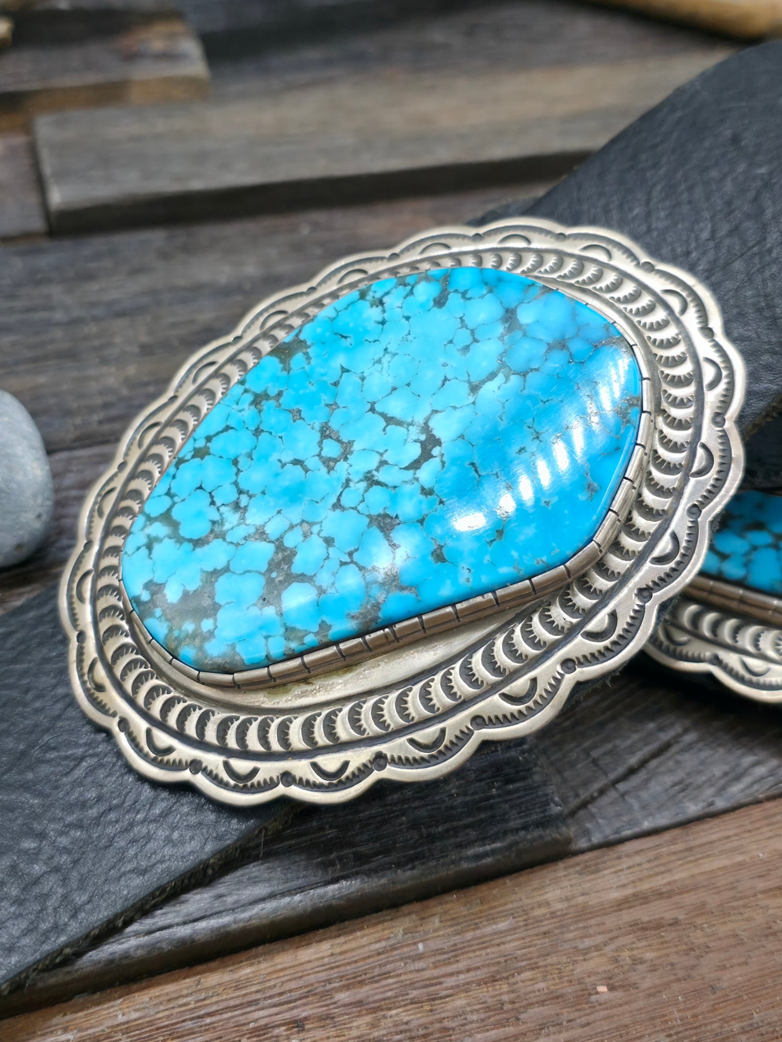 Stamped Sterling Silver Kingman Turquoise Concho Belt by Delbert Delgarito - 60 in.