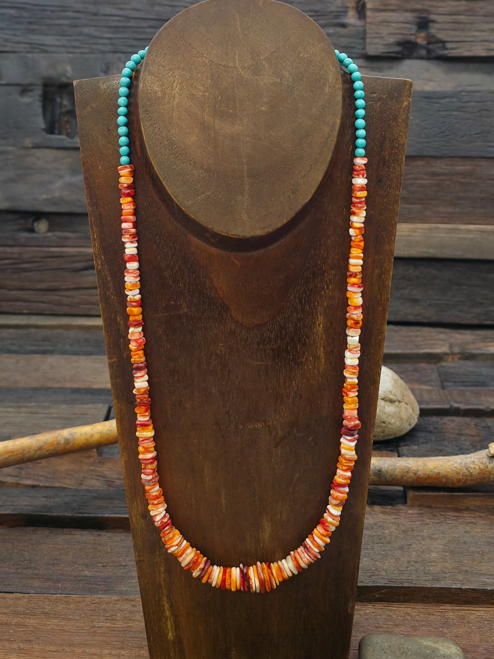 Spiny Oyster and Turquoise Stone Bead Necklace - 24 in.