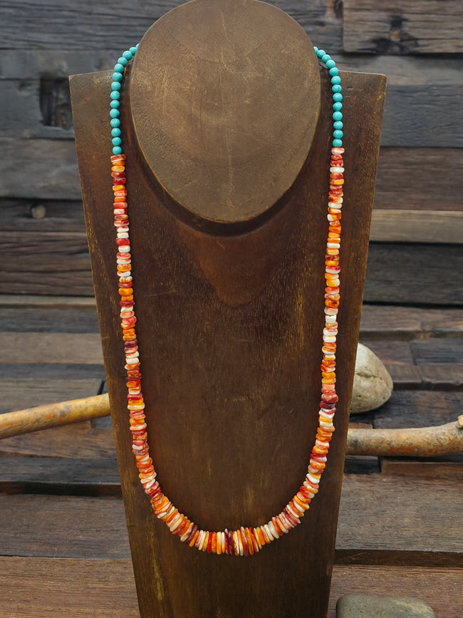 Spiny Oyster and Turquoise Stone Bead Necklace - 24 in.
