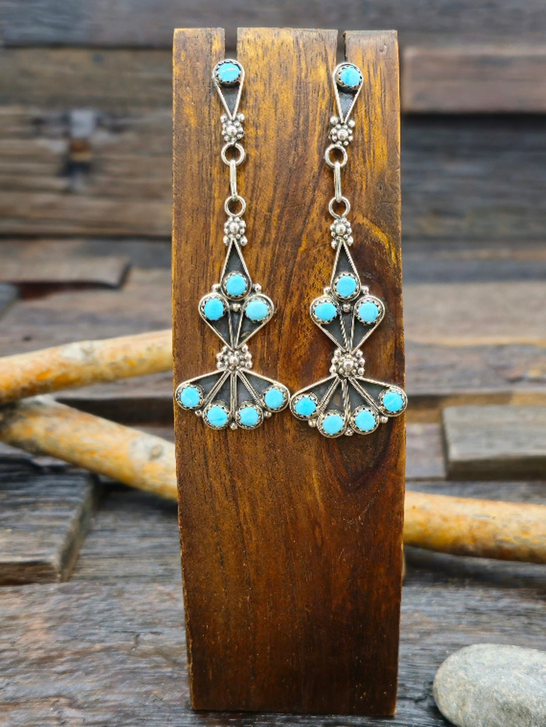 Blue Turquoise Petit Point Chandelier Earrings by Vivianita Booqua 2 3/4 in