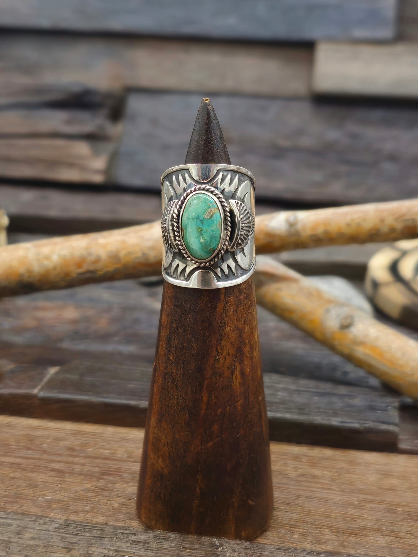 Stamped Sterling Silver Turquoise Ring by Derrick Gordon - Size 8