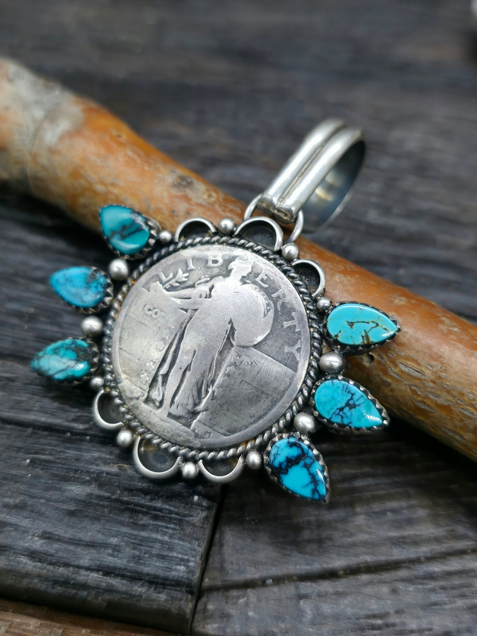 Blue Turquoise Liberty Quarter Coin Pendant by L. Archuleta