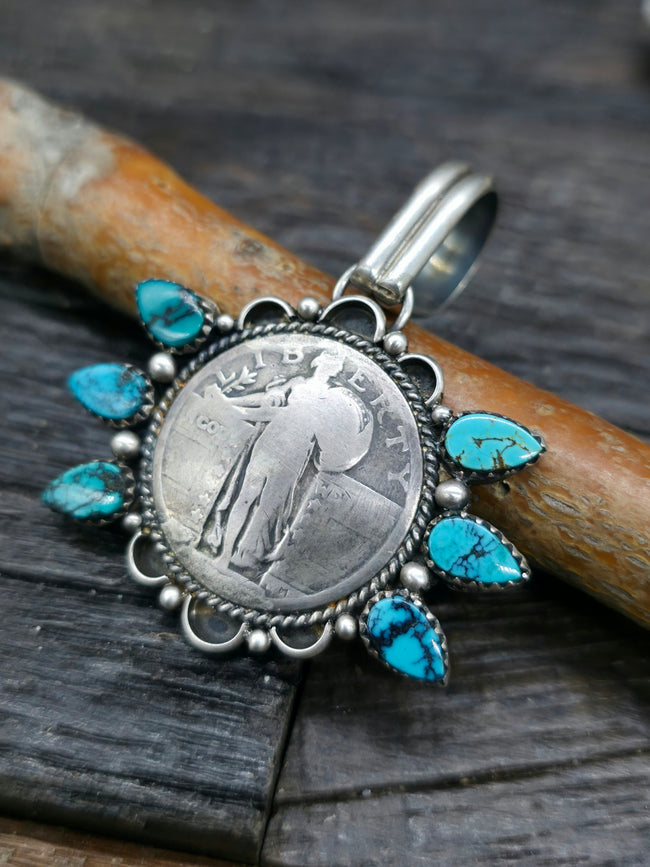 Blue Turquoise Liberty Quarter Coin Pendant by L. Archuleta