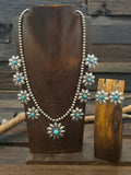 Stamped Sterling Silver and Turquoise Flower Necklace and Earring Set by Robert John - 20 in.