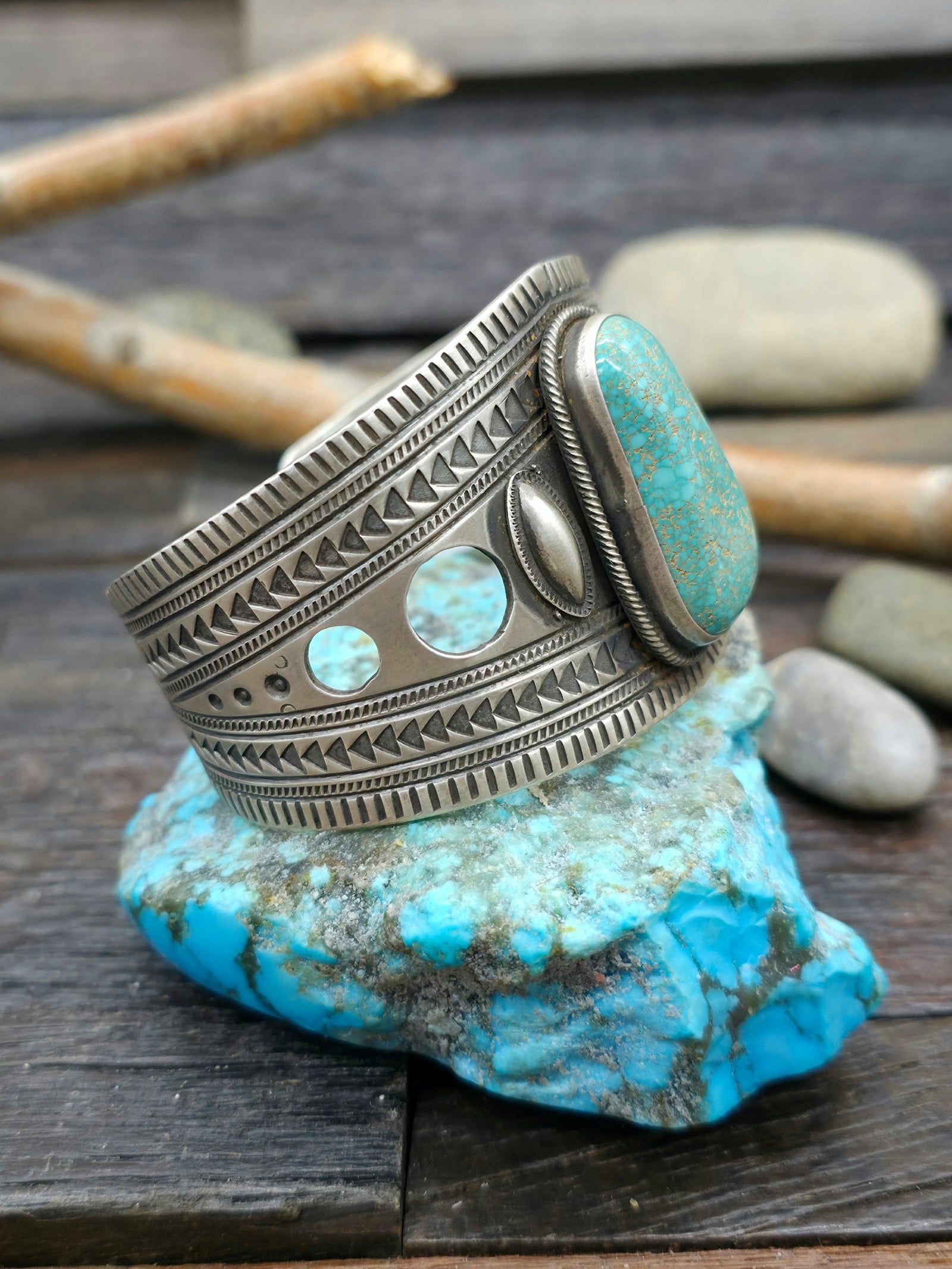 Turquoise Sterling Silver Bracelet by Julian Chavez - 7 in.