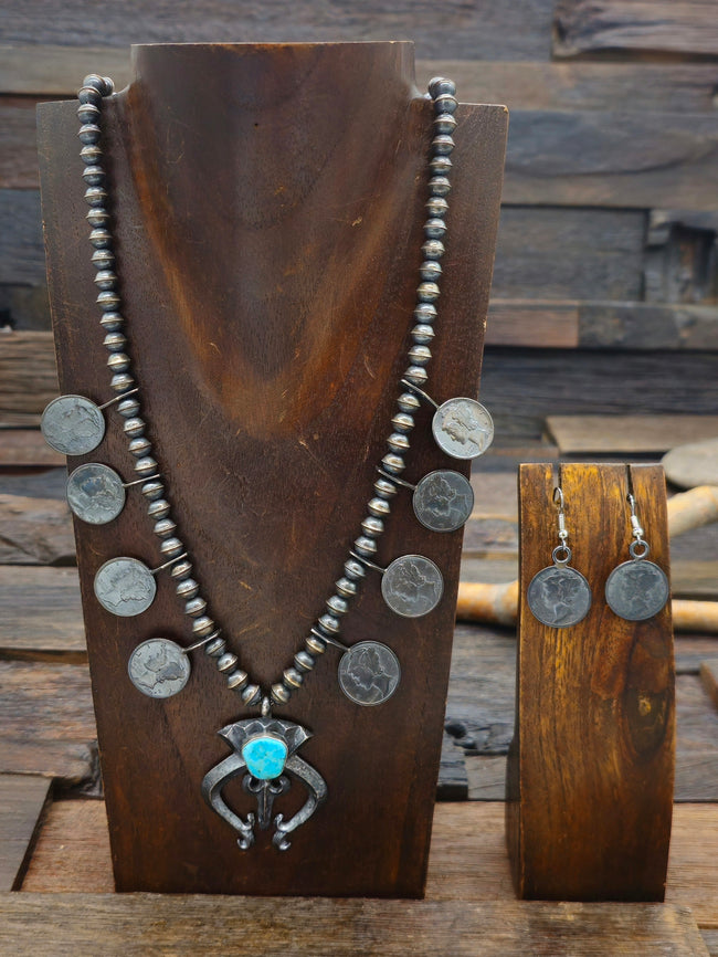 Oxidized Sterling Silver and Blue Turquoise Mercury Dime Squash Blossom Set by Mekeinto Jim - 22 in