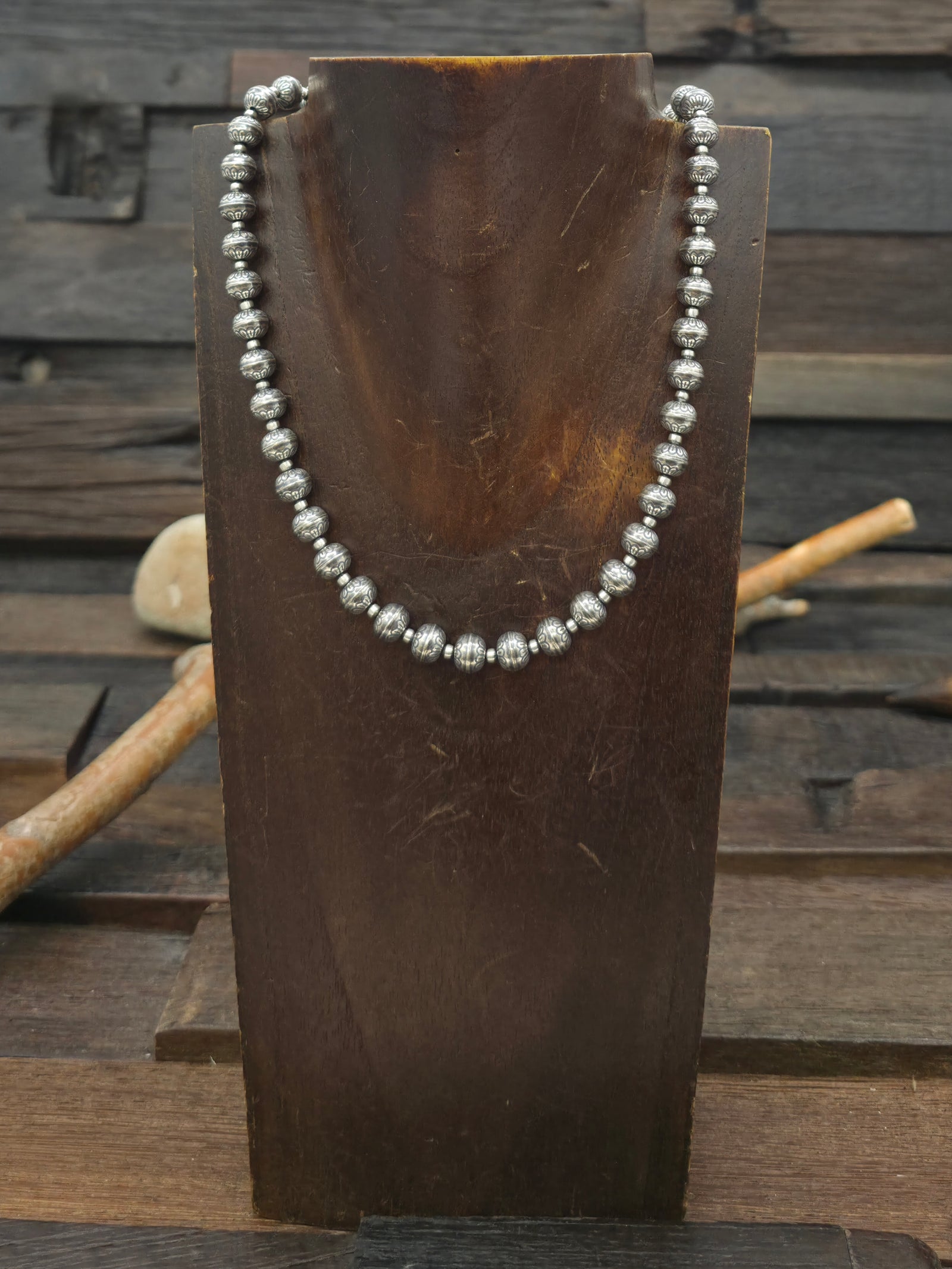 Stamped Sterling Silver Bead Necklace - 16 in. plus 2 in. Extender, 8 mm. Bead