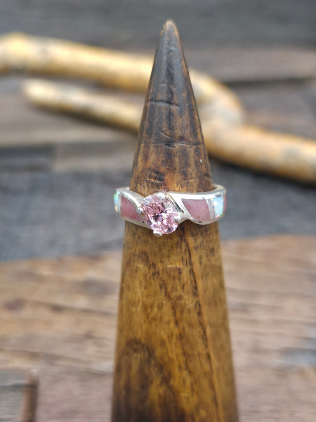 Sterling Silver Pink Zirconium Ring with Rose Quarts and Lab Opal Inlay - Size 8 1/2
