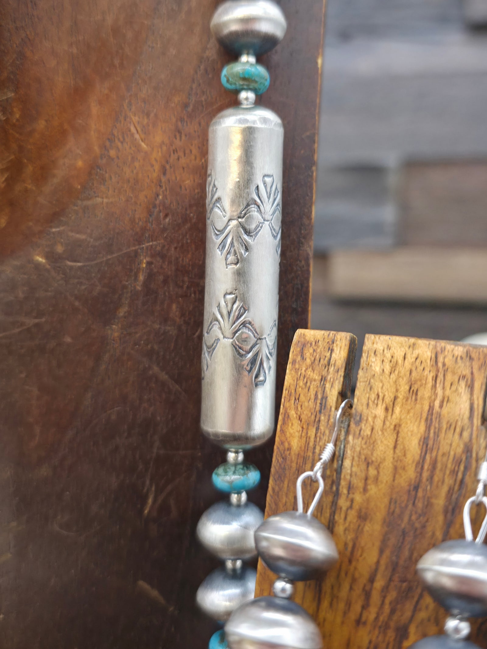 Stamped Sterling Silver and Blue Turquoise Bead Necklace and Earring Set by Sharon Cooley - 30 in.