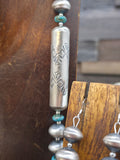 Stamped Sterling Silver and Blue Turquoise Bead Necklace and Earring Set by Sharon Cooley - 30 in.