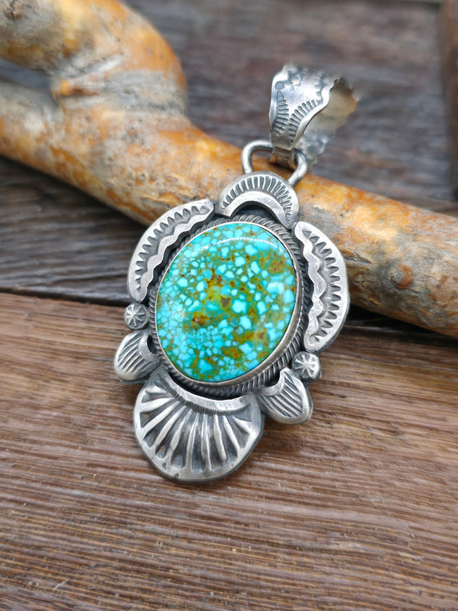 Ceremonial Kingman Turquoise Stamped Sterling Silver Pendant by Gilbert Tom