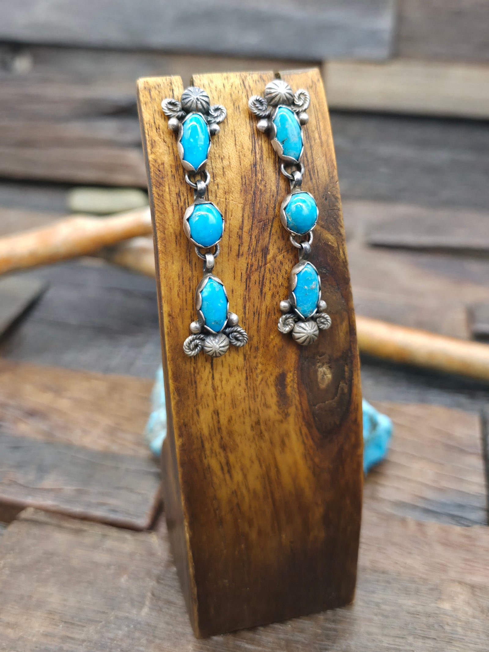 Sterling Silver Turquoise Three Stone Post Dangle Earrings by Travis Jim - 2 1/2 in. by 1/2 in.